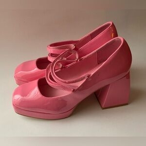 Pink Patent Mary Jane Block Heel Pumps